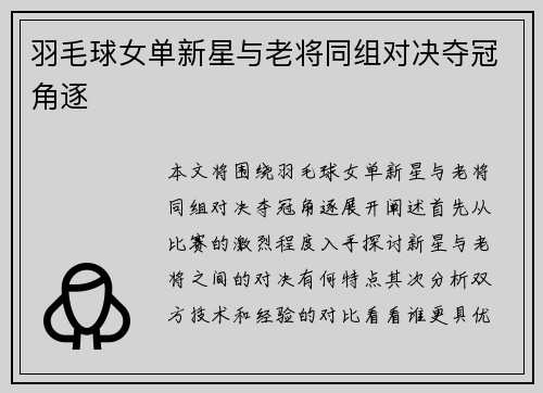 羽毛球女单新星与老将同组对决夺冠角逐